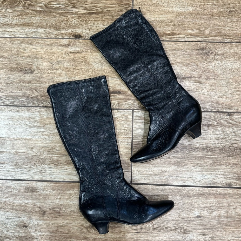Frye Steffi Zip Tall Boots Size 8.5 Black Leather heeled Boot